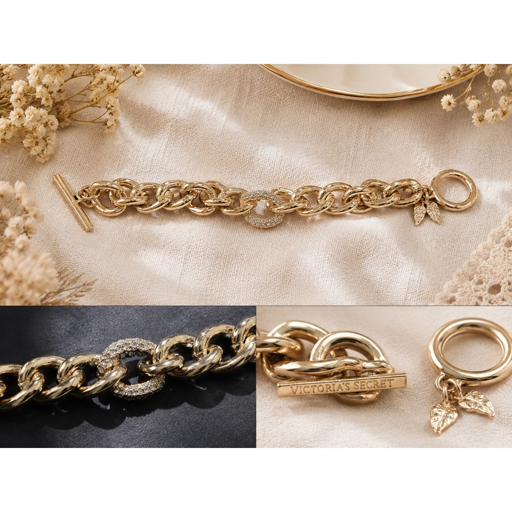Victorias Secret Gold Tone Chunky Curb Chain Rhinestone Angel Wing Bracelet 8in